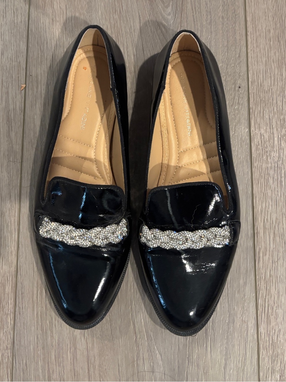 Adrienne Vittadini Black Patent Loafers with Sparkle Chain Embellishment